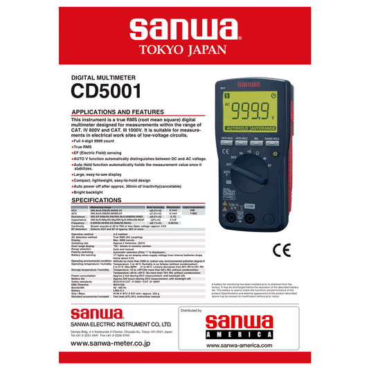 Sanwa CD5001 Digital Multimeter with True RMS and EF Sensing | Sanwa by KHM Megatools Corp.