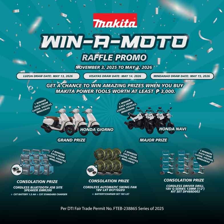 Makita Win-A-Moto raffle promo flyer with prizes on a blue background