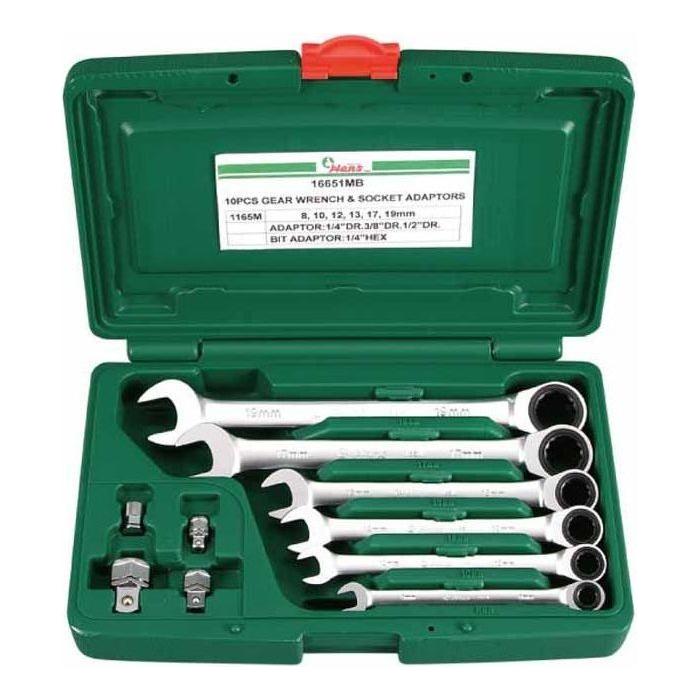 Hans 16651MB Combination Ratchet Box Wrench Set with Adaptors (8-19mm)