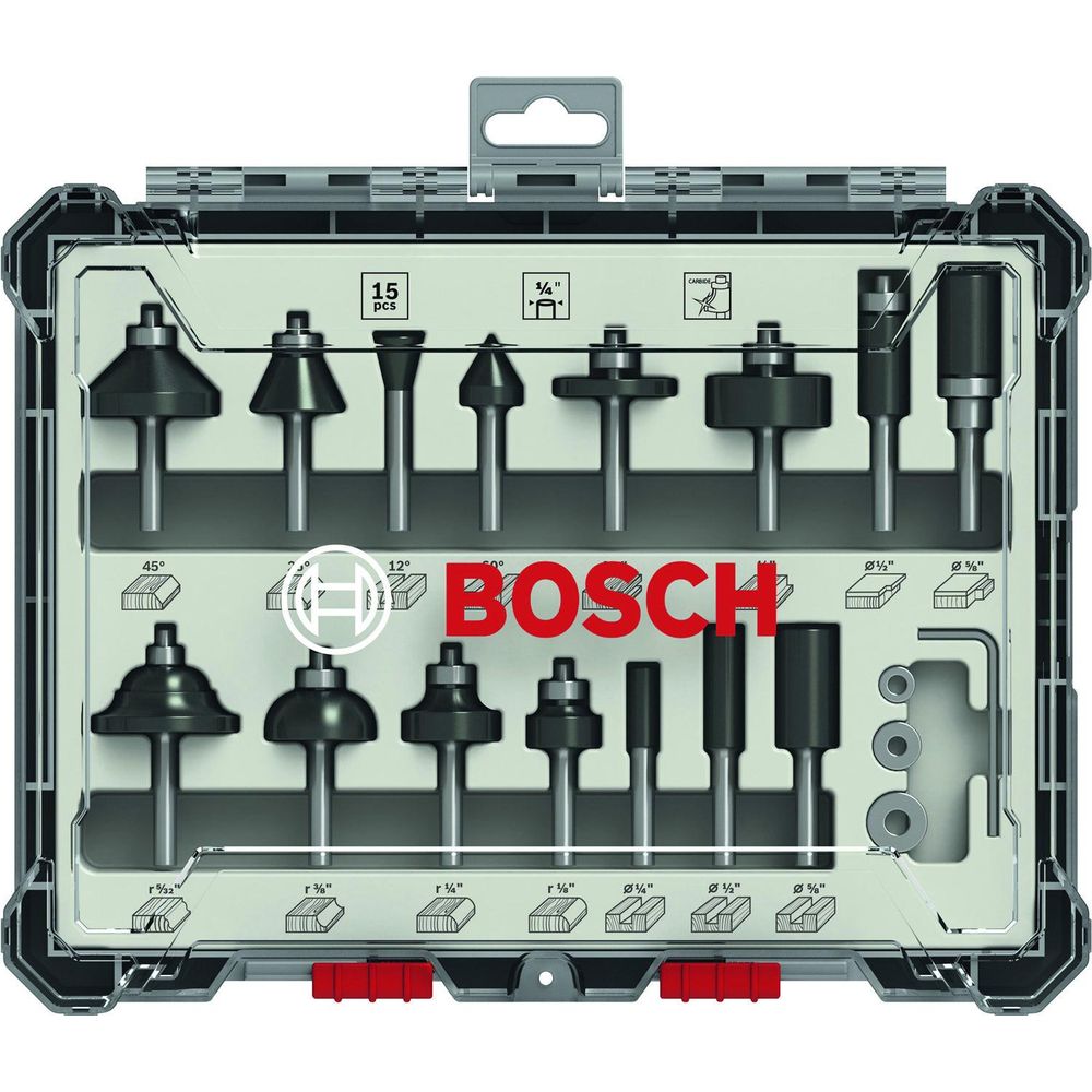Bosch Router Bit Set 1/4" Shank (15pcs) [2607017473] | Bosch by KHM Megatools Corp.