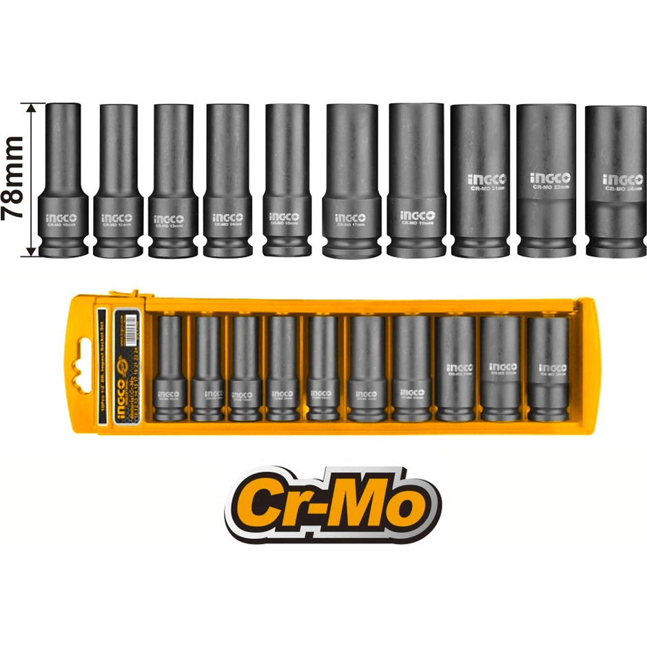 Ingco HKISSD12102L 10pcs 1/2" Deep Impact Socket Wrench 1/2" Drive