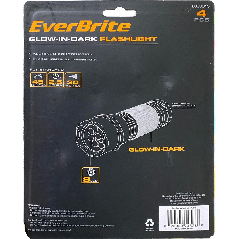 Everbrite E000015 4pcs Glow in the Dark Flashlight Set (45 lumens | 30 m)