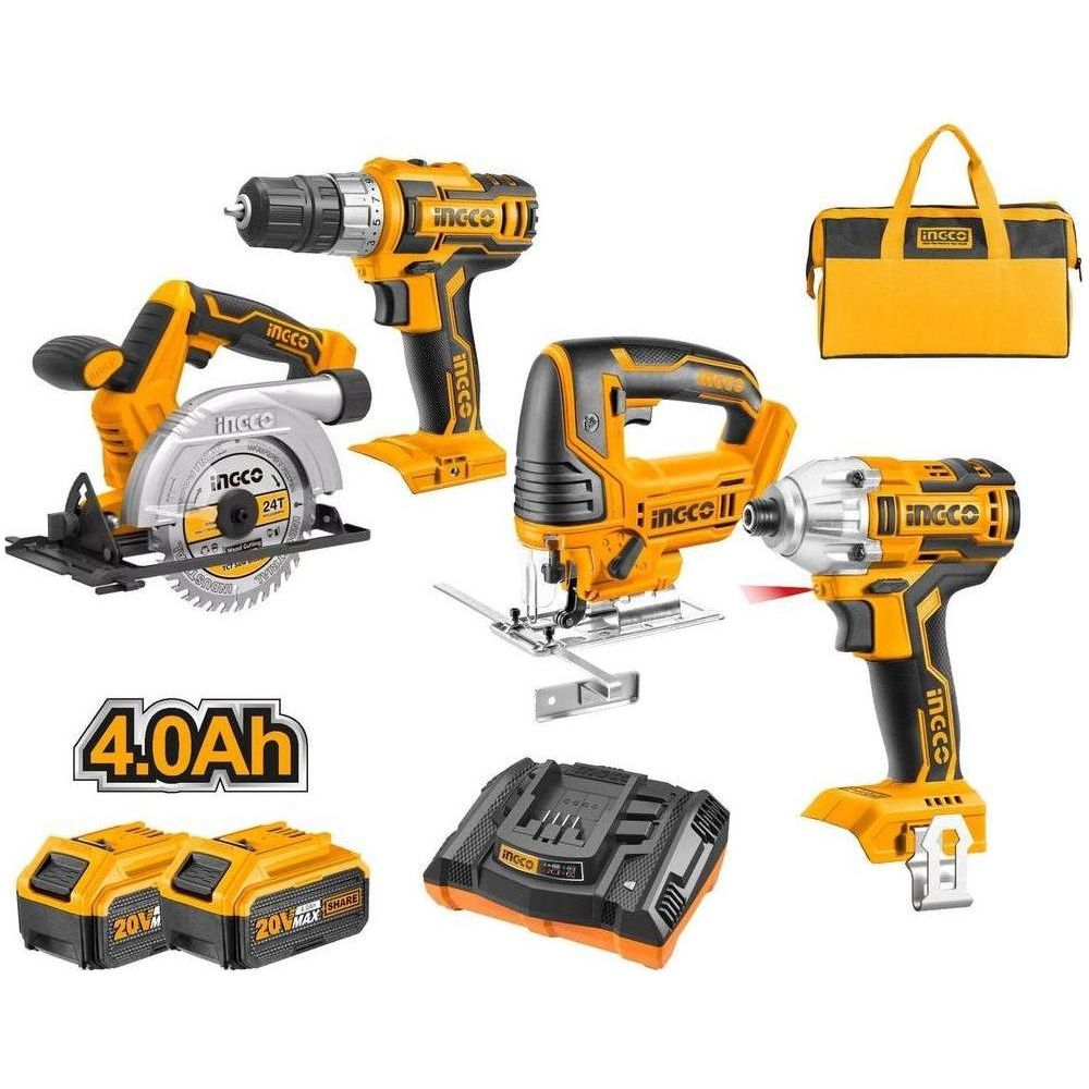 Ingco CKLI2010 20V Li-Ion Cordless 4pcs Combo Kit Drill,Driver,JIgsaw, Circular Saw