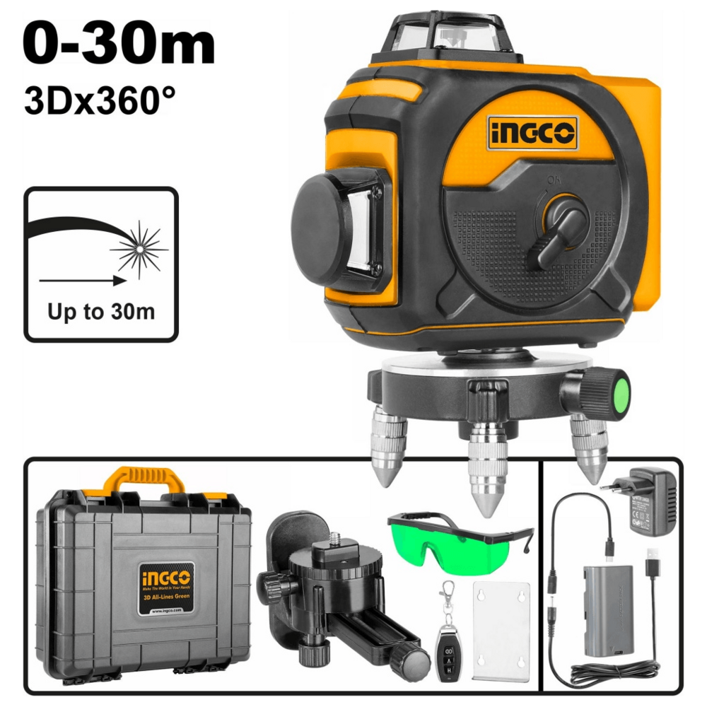 Ingco HLL255245 3D x 360° Line Laser Level (Green) [4000 mAh] - KHM Megatools Corp.