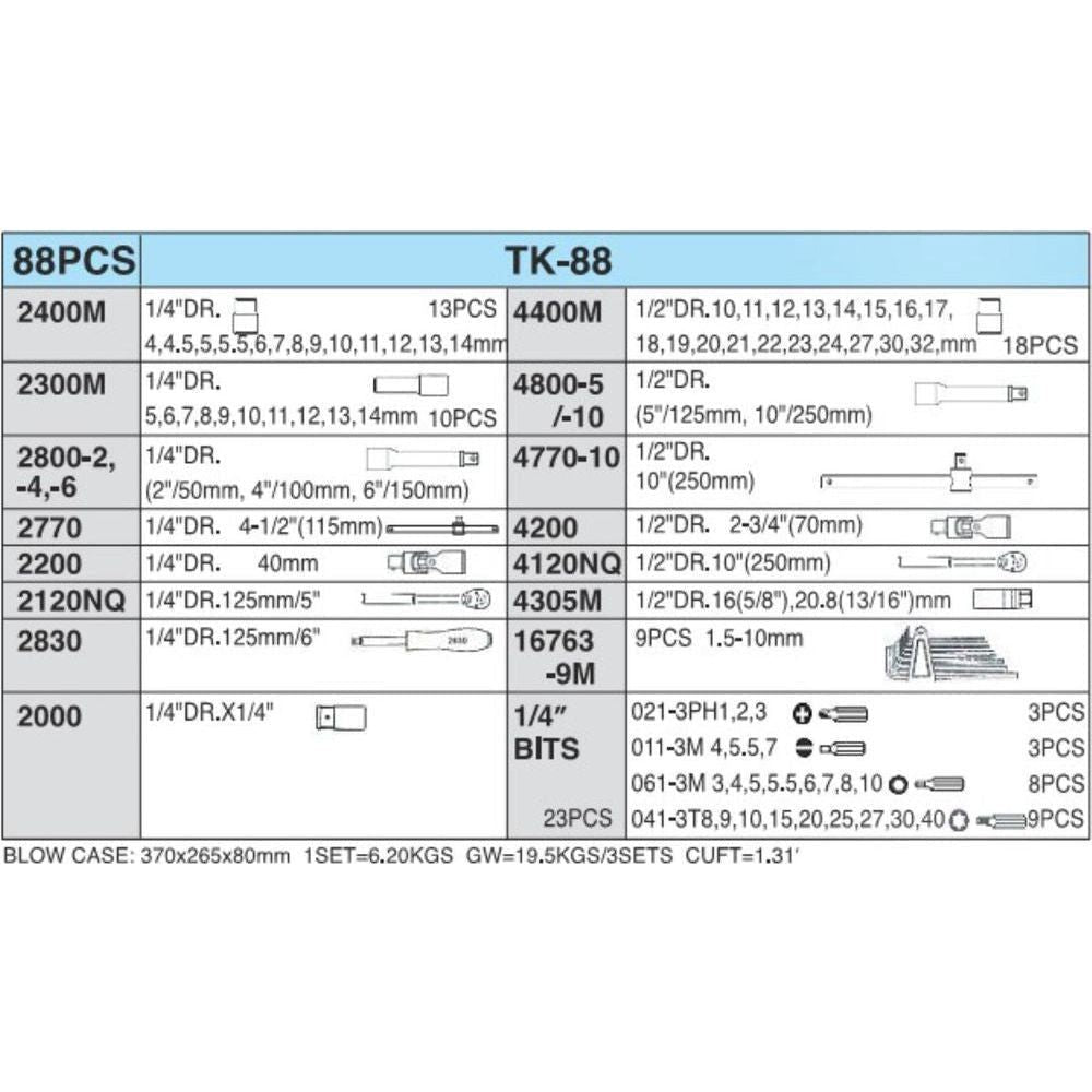 Hans TK-88 88pcs Socket Wrench and Hand Tools Set (1/4" & 1/" DR) Secondary image